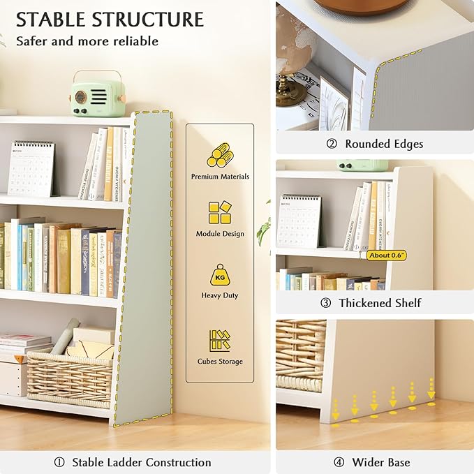 IOTXY Wooden Extendable Shelf Bookcase - 3-Tier Ladder Low Short Bookshelf for Small Space or Corner, White, L