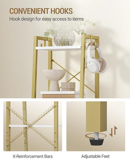 Ladder Shelf, Bookshelf Bookcase, Freestanding Corner Storage Shelve with 2 Hooks for Home Office, Living Room, Kitchen, Bedroom, Industrial, 4-Tier White Gold BC13213G