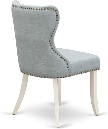 East West Furniture OXSI3-LWH-15 3 Piece Dining Room Furniture Set Contains a Square Dining Table and 2 Baby Blue Linen Fabric Upholstered Parson Chairs, 36x36 Inch, Linen White