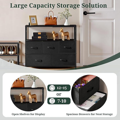 TV Stand, 5 Fabric Drawers Dresser Entertainment Center for TV up to 45 inch Wooden Media Console Table Storage Organizer with Open Shelf, for Living Room, Bedroom, or Small Space, Black