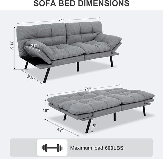 Vipbear Futon Sofa Bed Couch, 71" Convertible Sofa Bed, Space-Saving Loveseat with Adjustable Backrest & Armrest for Living Room,Apartment,Office,Medium Grey Sleeper Sofa