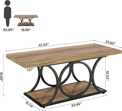 Tribesigns Rectangle Coffee Table, 47.24-inch Rustic Coffee Tables for Living Room, 2-Tier Farmhouse Wooden Coffee Table with Geometric Metal Legs, Home Furniture with Storage Shelf (Brown & Black)