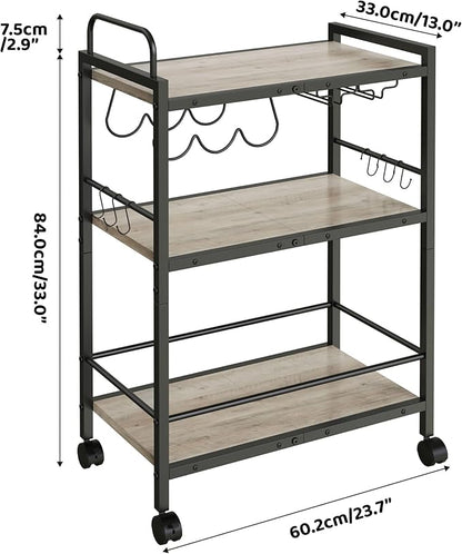 Home Bar Serving Cart, Serving Cart with Wheels and Handle, 3 Tier Rolling Kitchen Cart, MicrowaveCart, Beverage Cart with Wine Holder and Glass Holders, for Dinning Room, Living Room, Kitchen,Greige