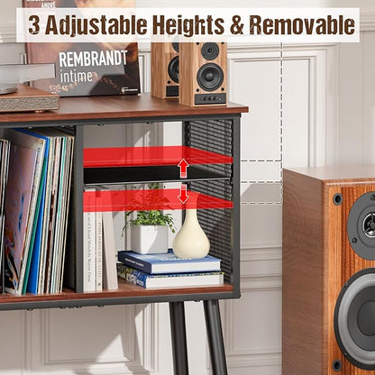Record Player Stand with Adjustable Divider, Vinyl Storage Holder Up to 200 Albums, Mid-Century Large Record Player Table, Vinyl Holder Turntable Stand End Table Storage Rack for Bedroom & Living Room