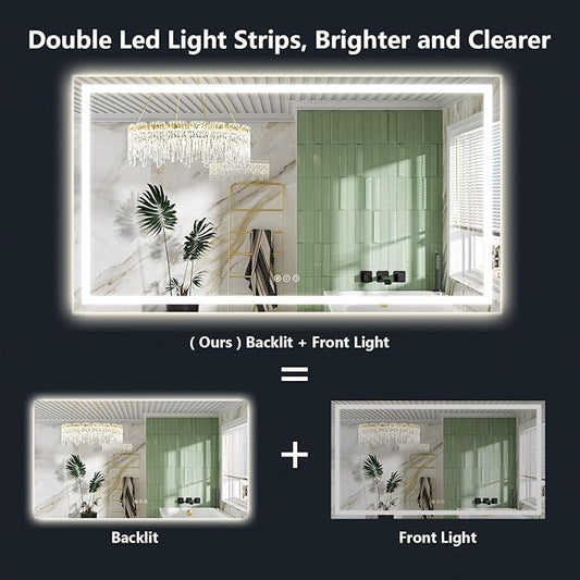 66x40 Inch LED Bathroom Mirror with Lights Front and Backlit Lighted Vanity Mirror for Bathroom Wall with 3 Colors Dimmable Anti-Fog Memory Shatter-Proof IP54 Waterproof Horizontal/Vertical