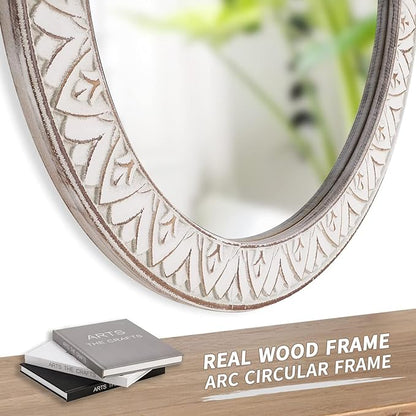 20" Round Rustic Mirror Wooden Frame Circle Mirrors, Distressed Wall Mounted Mirror for Bathroom, Bedroom, Living Room, Entryway, Fireplace, Hall