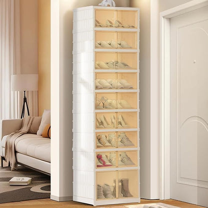 Foldable Shoe Organizer Storage Box, Portable Extra Large Folding Shoe Rack for Closet, Shoe Storage Box with Magnetic Transparent Door and Wheels, 9 Layers 18 Grids with 2 Big Grids