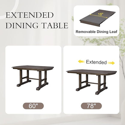Ball & Cast 60"-78" Extendable Farmhouse Dining-Table for 6-8, Expandable Wooden Kitchen Table with 18" Removable Leaf, Large Retro H-Leg Dining Room Table for 4-8,Space Saving & Sturdy, Brown
