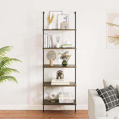 5 Tiers Ladder Shelf Brown Modern Bookshelf Open Tall Wall Mount Bookcase Standing Leaning Wall Shelves Industrial Decorative Living Room Bed Room