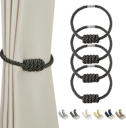 BEL AVENIR Magnetic Curtain Tiebacks, Decorative Drapery Holdbacks Modern Woven Tie-Backs with Exquisite Knot (Charcoal, 4 Pack)