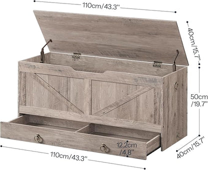 HOOBRO Storage Chest, 43.3" Toy Chest with Drawer, Wooden Storage Bench, Sturdy Entryway Bench Supports 220 lb, Shoe Bench, Safety Hinge, U-Shaped Opening, Easy Assembly, Greige BG711CW01G1