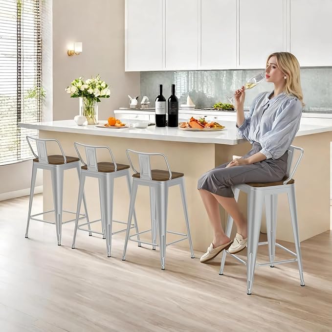 24 Inch Swivel Bar Stools Set of 4, Counter Height Bar Stools with Low Back, Metal Industrial Bar Chairs for Kitchen Island (Silver)
