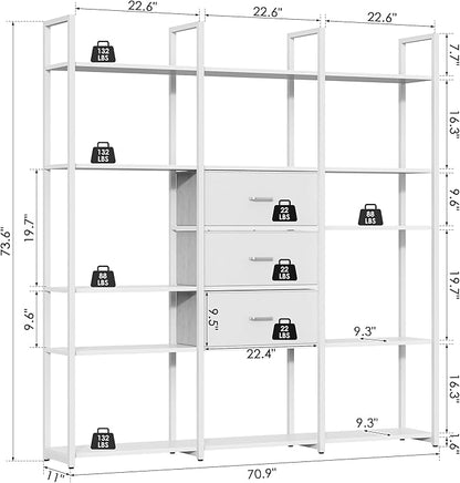 73.6" Tall Bookshelf with 3 Drawers and 16 Storage Shelves, Industrial Bookcase with 16 Open Display Shelves, Large Etagere Bookshelf, Triple Wide Book Shelf Book Case for Home & Office, White