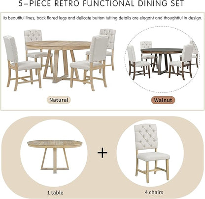 Ball & Cast 5 Piece Dining Table Set with 4 Upholstered Chairs,Living Room Furniture W/ 42" Table,Tabletop Can be Adjusted from Round to Oval in Shape,for Restaurant,Home Bistro,Natural