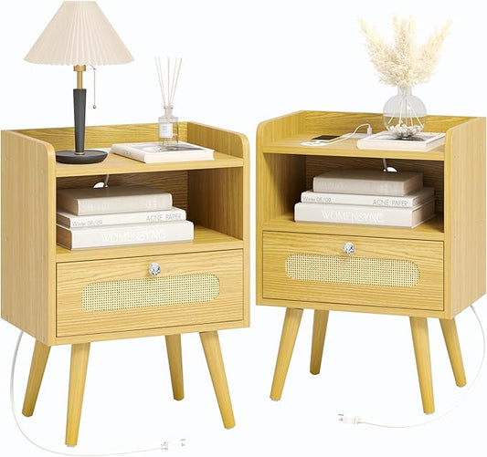 End Table Set of 2 with Charging Station, Diamond Décor Nightstands Set of 2, Bedside Table Set of 2 with Solid Wood Legs, Light Oak