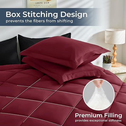 HEVUMYI Red & Black King Comforter Set - 7-Piece All Season Bed in a Bag King, Ultra Soft Burgundy Bedding Set with Comforter, Flat Sheet, Fitted Sheet, Pillowcases, Pillow Shams, Burgundy Red & Black