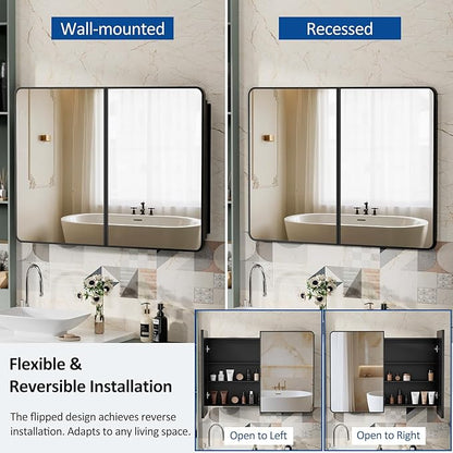 40x30 Inch Black Medicine Cabinet Mirror Metal Framed Recessed Bathroom Medicine Cabinets with Mirror and Storage Wall Mounted