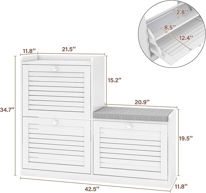 Shoe Bench with 3 Flip Drawers, Entryway Storage Bench with Cushion, Adjustable Shelves, Shoe Cabinet with Storage Space for Entryway, Living Room, Hallway, Mudroom, Bedroom, White