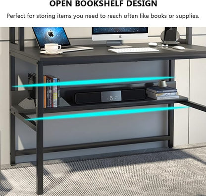 Aquzee Computer Desk with Hutch and Bookshelves, Large Leg Room 47 inch Width Black Desk with Space Saving Storage Shelves for Home Office,Study, Work, Easy Assemble