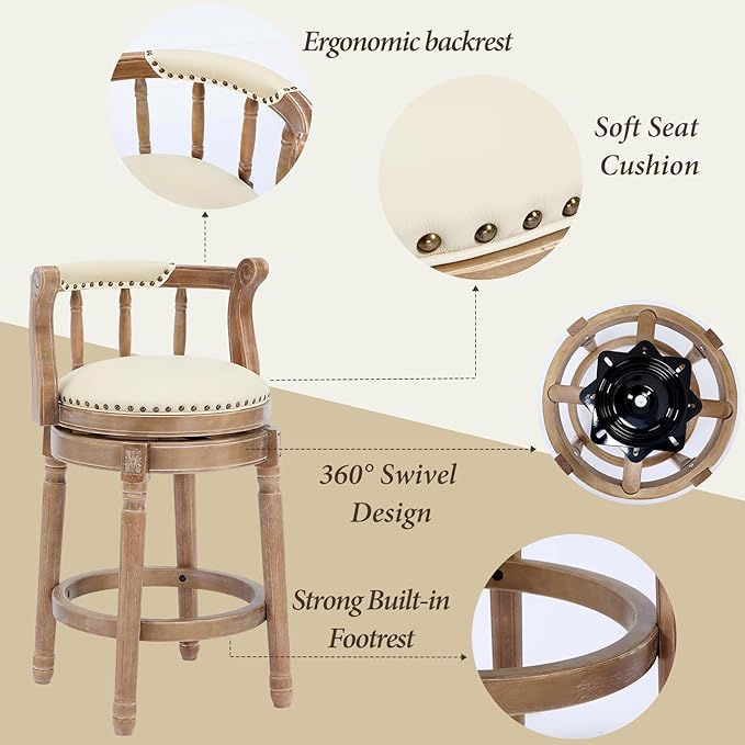 CozyRain Bar Stools Modern Swivel Barstools,Kitchen Counter Genuine Leather Upholstered Vintage Barstool for Home Kitchen Dining Room (Beige, Seat Height 26 in)