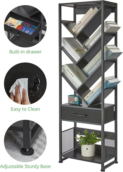 Bookshelf with Drawer,10 Tier Tree Bookcase Retro Floor Standing Bookshelves,Tall Wood Bookcases with Cabinet Storage Organizer for Living Room, Bedroom & Home Office, Black