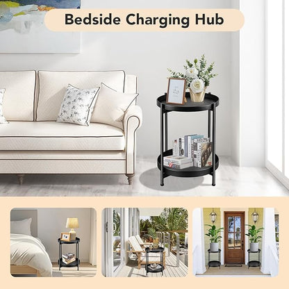 Small Side Table Round for Small Spaces Indoor Outdoor, Mini End Table Metal, 2 Tier Plant Stand Foldable, Bedside Table for Living Room, Bed Side, Sofa Side, Patio, Night Stand 20.5'' Tall, Black
