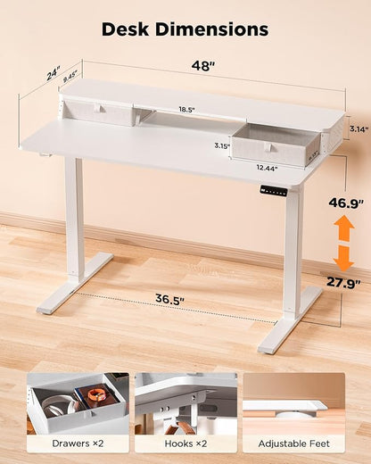 48x24 Inch Standing Desk with Double Drawers, C-Clamp Mount Compatible, Electric Adjustable Height Computer Stand Up Desks, Home Office Sit Stand Table with 3 Preset Heights & 2 Hooks, White