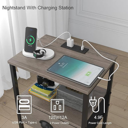 Nightstands Set of 2, Night Stands with Charging Station and Fabric Drawer, Grey Bedside Tables with Drawer, 2- Tier Side Table with Storage, Nightstands with Charging Station,Grey