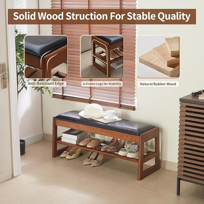 Shoe Rack Bench with Storage-Wood Shoe Bench for Entryway 40" 2 Tier Shoe Organizer with Cushion, PU Solid Wood LEDs Flip Top Entryway Shoe Organizer Space Saving Hallway