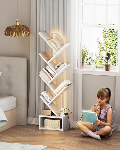 Casaottima White Tree Bookshelf with LED Light Strip — 6-Tier Small Floor Standing Bookcase, Narrow Steel & Wood Book Organizer Shelf with Cabinet, Home Decor for Living Room/Bedroom/Home Office