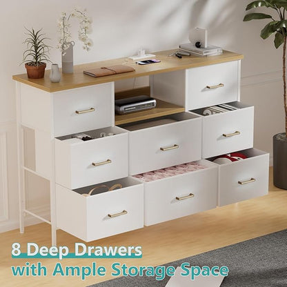 White Dresser with LED Lights and Power Outlets, Dresser TV Stand with 8 Drawers for 55" TV, Fabric Chest of Drawers for Bedroom, Living Room, Entryway