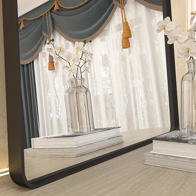 48x36 Matte Black Bathroom Mirror, Modern Rectangle Metal Framed Mirrors for Wall, Rounded Corners, Shatter-Proof (Horizontal/Vertical)