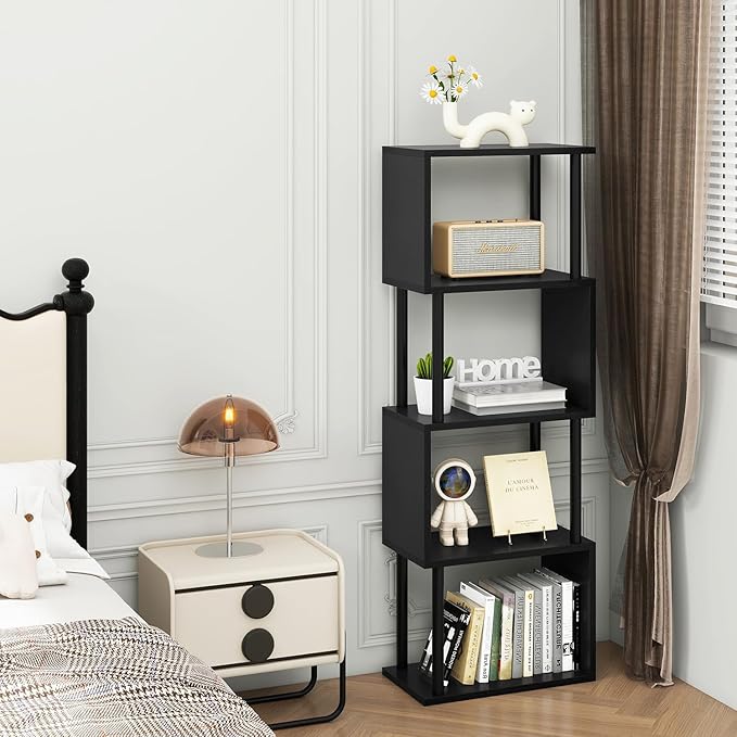 IBUYKE 5-Tier Tall Bookshelf,S-Shaped Geometric Bookcase, Wood Display Shelves with Storage,Modern Bookshelf for Living Room Bedroom, Home Office, Black WBC015B