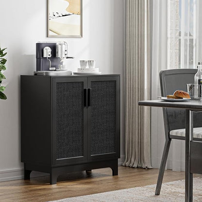 Black Rattan Cabinet, Natural Rattan Storage Cabinet with 2 Doors Adjustable Shelf Large Space Entryway Hallway Sideboard Buffet for Living Room Kitchen