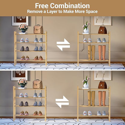 Haddockway Bamboo Shoe Rack for Closet, Free Standing Shoe Organizer with Smooth Round Rods & Convenient Handles, Stackable Shoe Storage Shelf for Entryway, Hallway(Natural, 4-Tier(Small))
