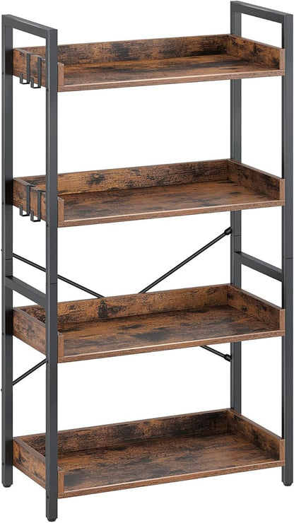 Rolanstar Bookshelf 4 Tier with 4 Hooks, Industrial Bookcase, Vintage Storage Rack with Open Shelves, Rustic Standing Bookshelves Metal Frame Display Rack for Living Room, Bedroom, Rustic Brown