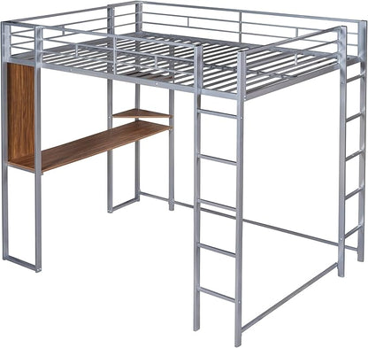 Full Size Metal Loft Bed with 2 Storage Shelves and 1 Desk,Steel Structure Bed Frame W/ 2 Build-in Ladders & Full-Length Guardrails,No Box Spring Needed,for Kids Teens Adults,Silver