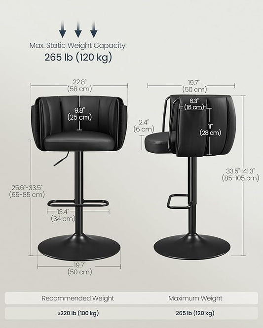 SONGMICS Home 360° Swivel Bar Stools Set of 2, Height Adjustable Barstools with Curved Back, Upholstered Counter Bar Stools with Footrest, Large Base, for Kitchen Island, Modern, Ink Black ULJB103B01