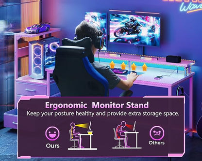 AODK 52 Inch Gaming Desk with USB Charging Ports & LED Light- Reversible Computer Desk with Storage Shelves & Monitor Stand, Modern Gamer Desk Table with Fabric Drawers & Side Hook, Carbon Fiber Pink