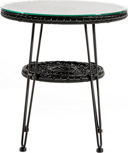 Muse & Lounge Co. Ysar Boho 19-inch Round Coffee Table Outdoor with Tempered Glass Top and Metal Frame, Handcrafted Coastal Furniture for Patio, Poolside, Garden, Yard, Black