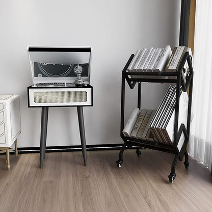 VEDECASA Bookshelf Book Rack Industrial Metal Bookcase 2 Tier Holder with Wheels Modern Stylish Design Magazines Files Album Recipe Book Storage Organizer for Sofa End Bed Beside