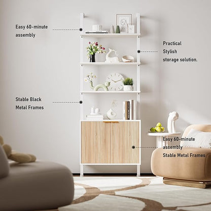 74" Tall Bookshelf with Storage Cabinet, Modern Ladder Shelf with Wood and Metal Frame, Wall Mount Bookcase Open Display Shelf Furniture for Living Room, Bedroom, Home Office, White and Oak