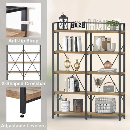 FATORRI Bookshelf, 5 Tier Industrial, Tall Etagere Bookcase, Rustic Wood and Metal Book Shelf with Large Open Shelving Unit for Home Office Living Room (Rustic Oak, 51 Inch Wide)