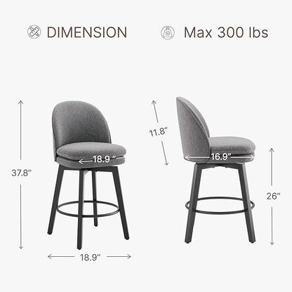 Counter Height Barstools 26 inch Upholstered Swivel Bar Stools with Back and Wood Legs for Kitchen Island,Set of 2,Dark Grey Fabric-Armless
