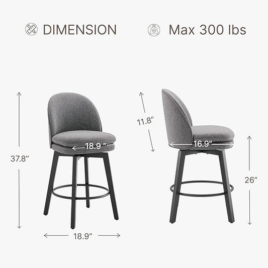 Counter Height Barstools 26 inch Upholstered Swivel Bar Stools with Back and Wood Legs for Kitchen Island,Set of 2,Dark Grey Fabric-Armless