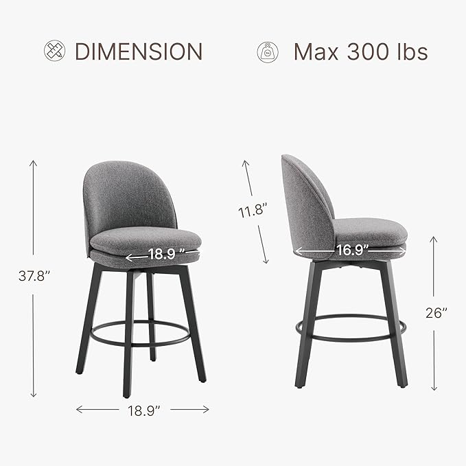 Counter Height Barstools 26 inch Upholstered Swivel Bar Stools with Back and Wood Legs for Kitchen Island,Set of 1,Dark Grey Fabric-Armless