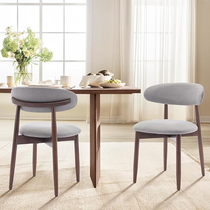 COLAMY Wooden Dining Chairs Set of 2, Modern Fabric Upholstered Dining Room Chair, Farmhouse Kitchen Chairs with Foot Pegs, Light Grey