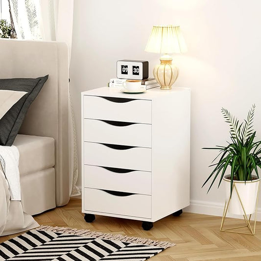 QDSSDECO 5 Drawer Chest Wood File Cabinet Rolling Storage Dresser with Wheels for Home Office, White