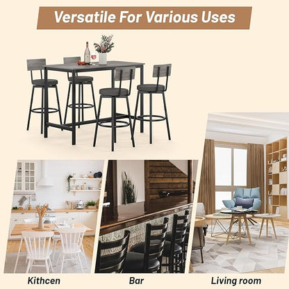 Dining Table Set for 4, 5-Piece Bar Table Set, Kitchen Table and Chairs, Counter Height High Top Table with 4 PU Upholstered Stools, Space-Saving Pub Table Sets for Small Space, Gray
