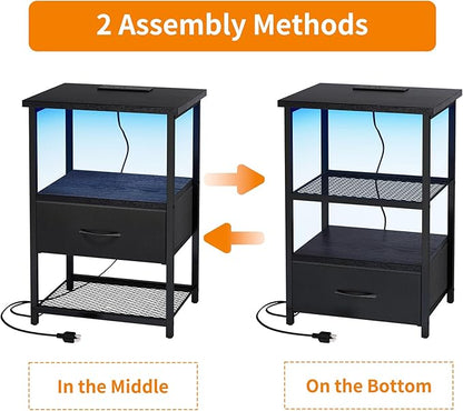 Fixwal Night Stand Set of 2 with Charging Station, LED Nightstand with Fabric Drawers, End Table with PU Finish, Bed Side Table, Black